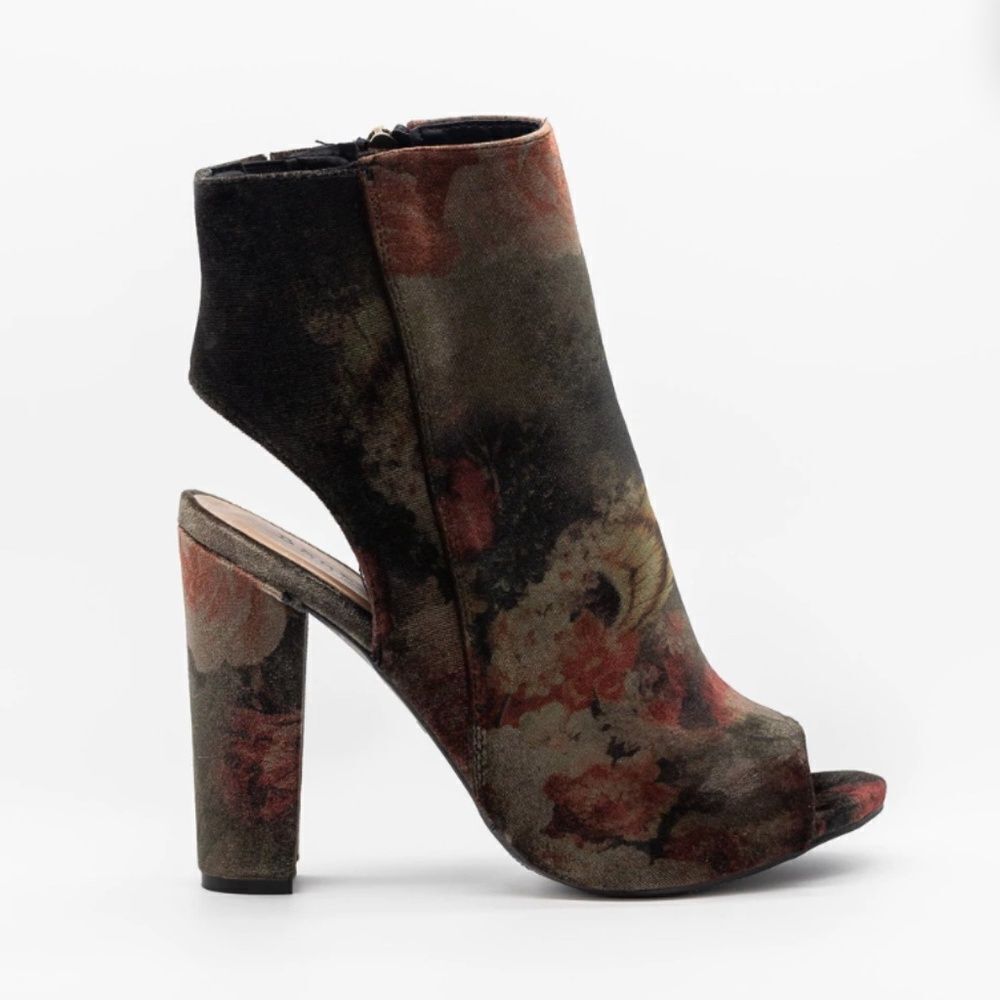 Baxboo- Black Velvet with Flower Pattern Peep Toe, Open Back Heels